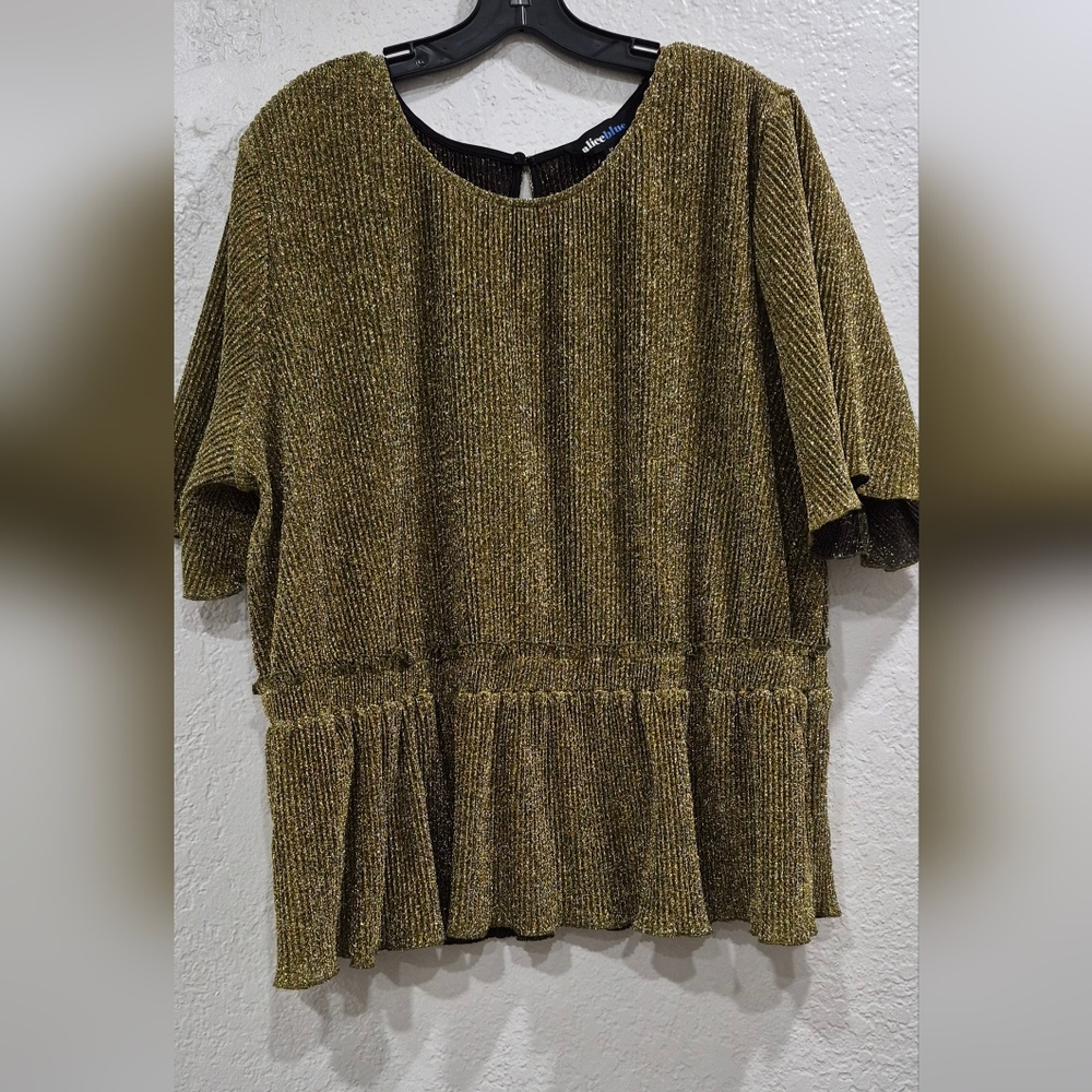 Alice Blue Gold Metallic Shimmer Peplum Top - Ruffle Hem - Size 3X Plus - Picture 2 of 11